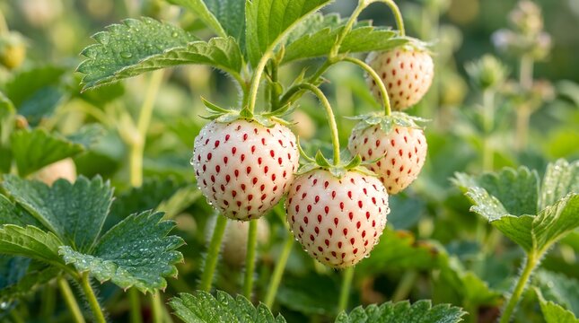 White strawberries growing in a garden, Organic pineberry cultivation in natural agricultural setting, Generative AI macro shot of fresh white strawberry cluster with dew drops on green foliage