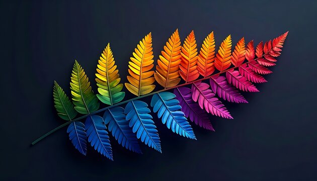 A colorful fern frond displaying a spectrum of vibrant rainbow colors from green to red against a dark background, digital art