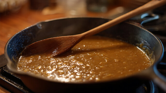 Rich, brown sauce simmers in a cast iron pan on a stovetop, with a wooden spoon resting within the savory concoction, highlighting homemade cuisine
