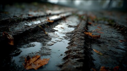 Fototapeta premium Close-up of muddy tire tracks filled with water, fallen leaves scattered, suggesting recent rainfall on a damp path