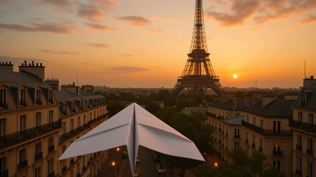 Cinematic footage of a white paper airplane gliding above classic Paris rooftops at golden hour, with the Eiffel Tower and warm sunset sky creating a dreamy travel and freedom atmosphere