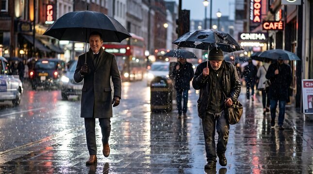 A realistic depiction of unequal protection and privilege, symbolized through contrasting umbrellas in a rainy urban environment.
