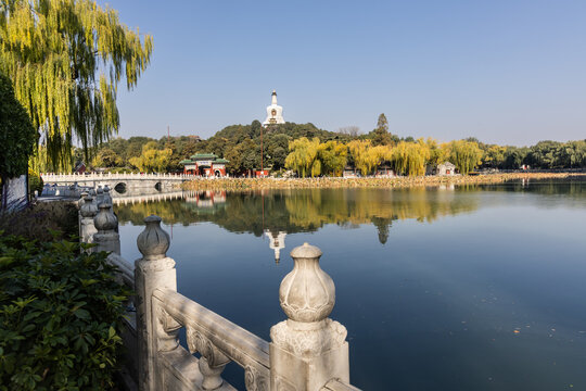 Beihai Park scenic lake with the white dagoba at the background is a public park and former imperial garden in Beijing, China.