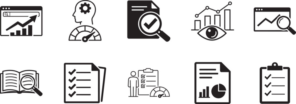 Market research icon set with analytics data audience strategy insights trends and growth concepts