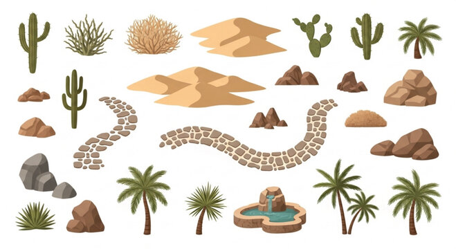 Desert landscape elements set, cactus and palm tree vector icons, sand dunes and rock formations, arid environment nature assets for game design