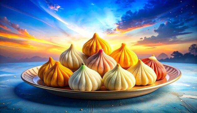 A vibrant platter of colorful modaks arranged artfully against a dramatic sunset sky, evoking festive Indian celebrations and culinary delight