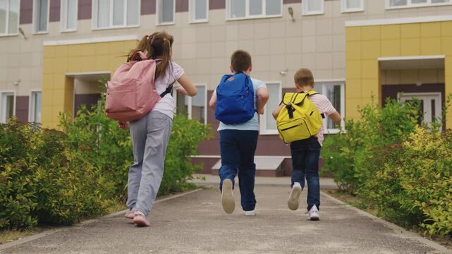 Three kids walk to school, backpacks on, friendship, learning starts, new school year, modern building, energetic children, teamwork, school entrance, ready for knowledge, Going back to school
