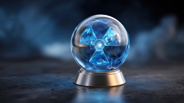 A glowing blue radioactive symbol encapsulated in a transparent glass sphere resting on a metallic stand, set against a dark, blurred background.