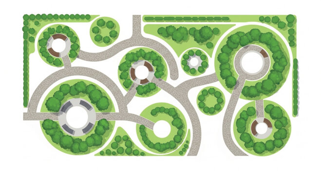 Landscape design plan top view, garden architectural layout with green trees and walking paths, urban park master plan vector illustration