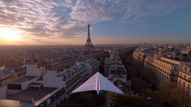 Cinematic aerial footage of a white paper airplane gliding above classic Paris rooftops at golden hour, heading toward the Eiffel Tower with warm sunset light and dramatic clouds in the sky