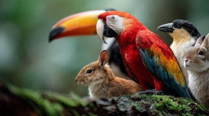 Obraz premium Brightly colored birds perch beside playful mammals in a serene forest scene. This gathering highlights the beauty of wildlife in a peaceful natural habitat