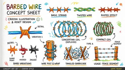 Fototapeta premium Barbed Wire Concept Sheet - Crayon Illustration and Asset Design for Security.