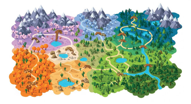 Isometric fantasy world map vector, colorful game level biomes with mountains and forests, cartoon landscape design for mobile gaming and apps