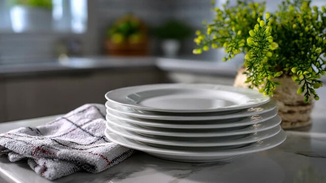 Stacked plates on cloth in kitchen setting