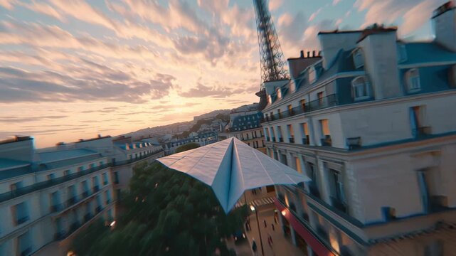 Dynamic footage of a paper airplane gliding between classic Parisian buildings at sunset, with the Eiffel Tower in the background and people walking below in a warm evening city atmosphere