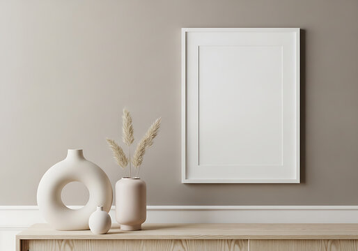 Empty white picture frame mockup with neutral ceramic vases and dried plants on a wooden console table against a beige wall modern home interior decor interior decoration template livingroom