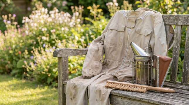 Beekeeping suit and smoker on a wooden garden bench. Professional apiculture equipment and tools for honey production. Beekeeper gear in an outdoor setting
