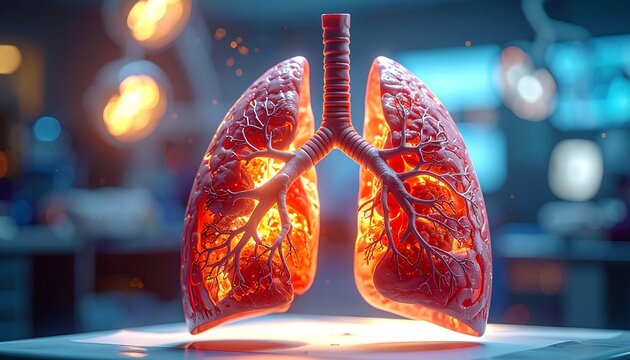 Detailed anatomical model of human lungs and trachea, bronchial tubes, arteries, veins highlighted under bright surgical lights.