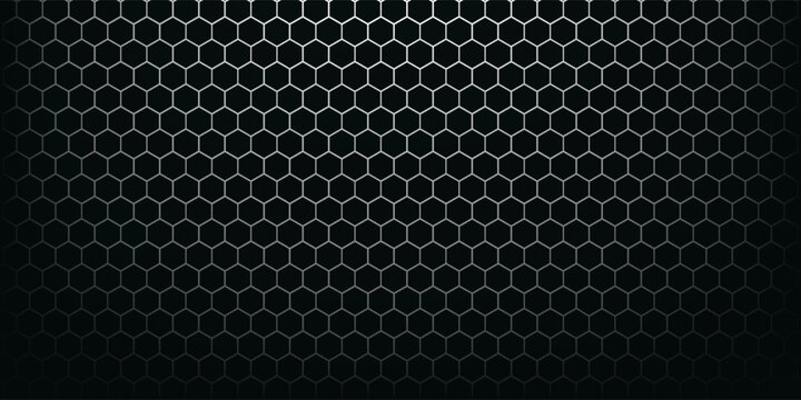 Dark hexagon abstract technology background with blue and green colored bright flashes under hexagon. Hexagonal gaming vector tech illustration black abstract background.