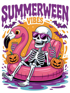 halloween summerween party concept with skeleton and flamingo in pool float