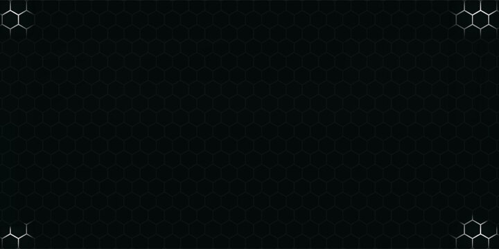 Dark hexagon abstract technology background with blue and green colored bright flashes under hexagon. Hexagonal gaming vector tech illustration black abstract background.