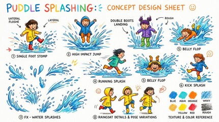 Fototapeta premium Children Playfully Splashing in Puddles - A Colorful Concept Design Sheet.