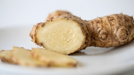 Fototapeta premium Fresh raw ginger root pieces on white background