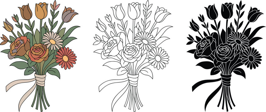 Flower bouquet silhouette & Outline and illustration set isolated on transparent background