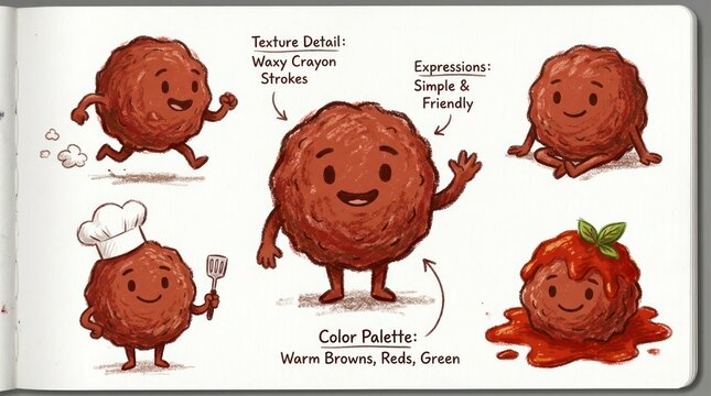 Charming Cartoon Meatballs in Various Poses with Friendly Expressions and Sauce.