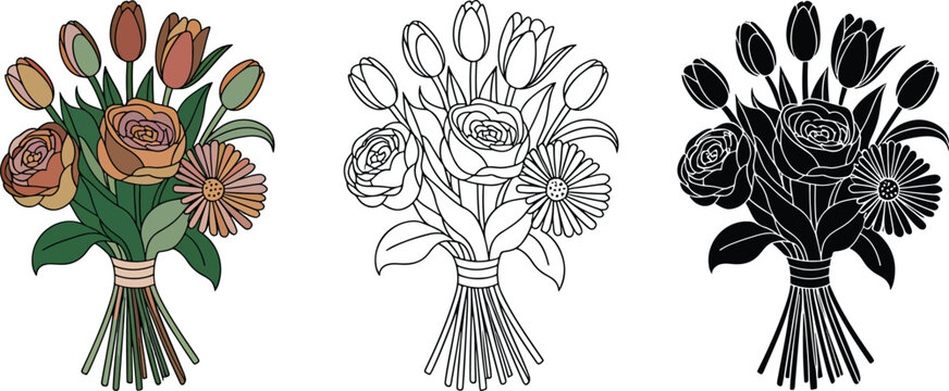 Flower bouquet silhouette & Outline and illustration set isolated on transparent background