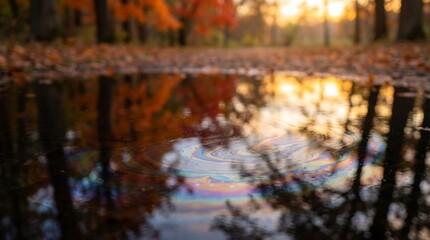 Naklejka premium iridescent oil slick in a forest puddle during autumn