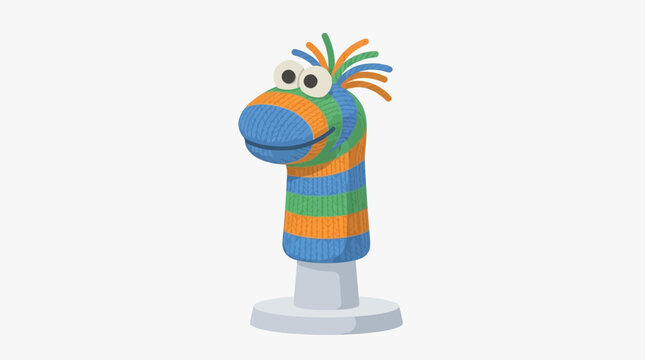 Colorful sock puppet on a stand with big eyes and striped body