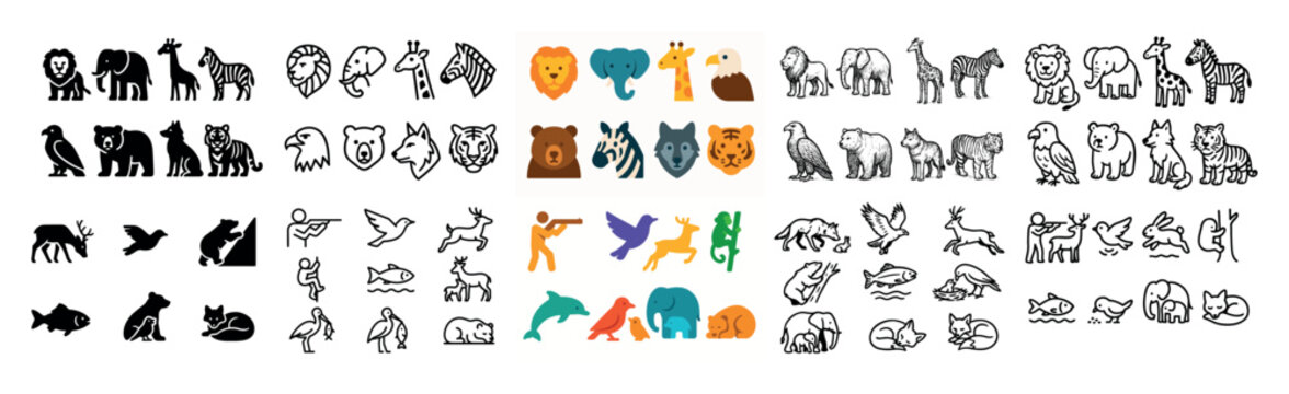 Wildlife icons with lion elephant giraffe outline