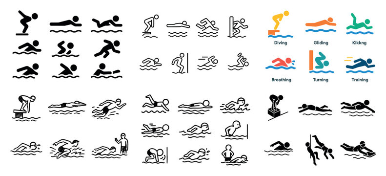 Swimming icons with diver swimmer coach outline
