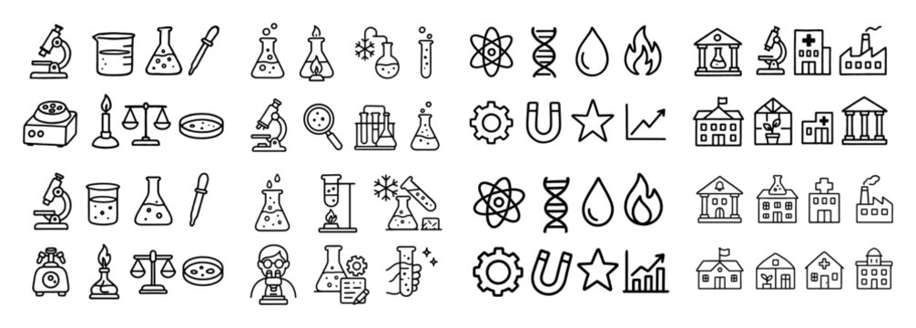 Science icons with microscope flask dna outline
