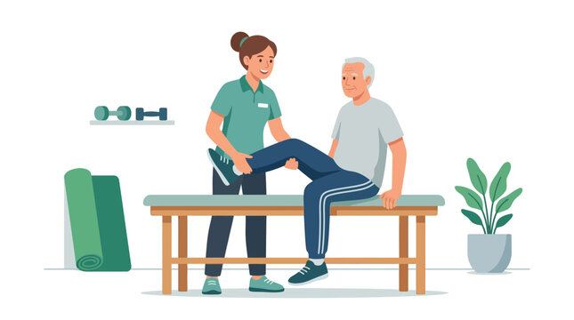 Physical therapist assisting senior with leg exercise on treatment table