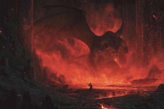 Menacing demon with towering wings and fiery glow in a lava-lit underworld scene