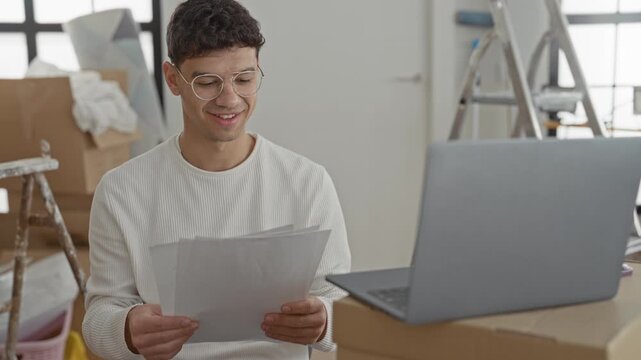 Man reaching hand to laptop and holding packing papers next to stacked boxes and ladder in a building; focus moving day.