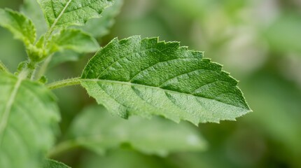 Fototapeta premium Fresh green holy basil leaves macro detail
