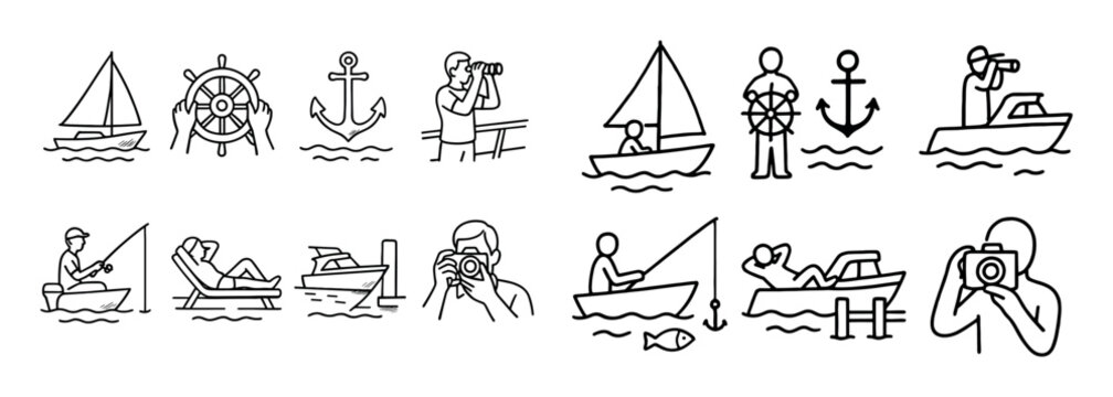 Nautical icons with sailboat anchor binoculars outline
