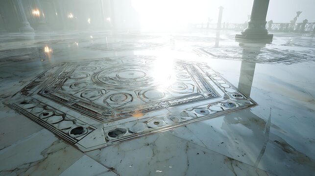 caustics effects, complex geometry, composed of polished white marble, anisotropic filtering, foggy atmosphere, unreal engine 5 style, 8k resolution, subtle ambient occlusion, misty haze layer,