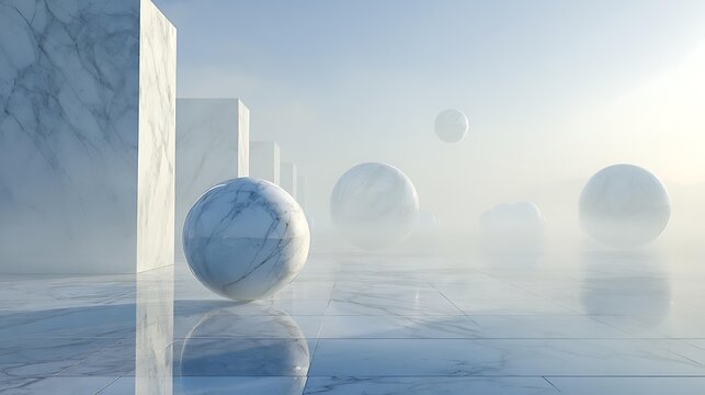 caustics effects, complex geometry, composed of polished white marble, anisotropic filtering, foggy atmosphere, unreal engine 5 style, 8k resolution, subtle ambient occlusion, misty haze layer,