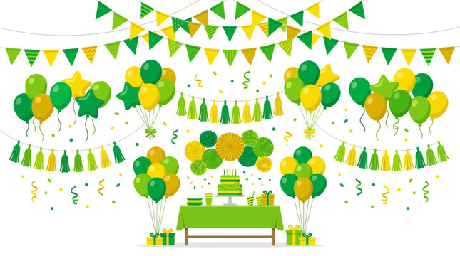 St patricks day party decorations with green and yellow balloons