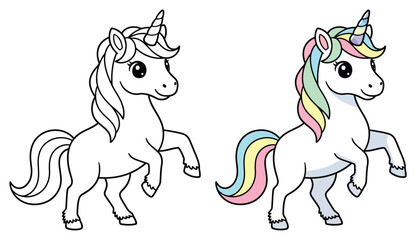 Unicorn magic features a cute standing baby horse with a rainbow mane and tail for this coloring page © Crafter