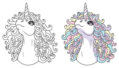 Unicorn portrait features a majestic head with a long curly rainbow mane for a creative coloring page © Crafter