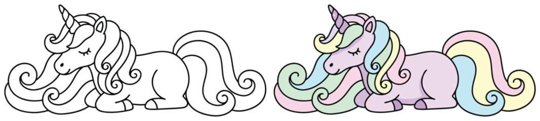 Unicorn characters feature a beautiful sleeping mythical horse with a long mane for a coloring page © Crafter