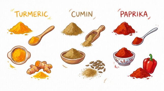 Colorful Culinary Spices - Turmeric, Cumin, and Paprika in Artistic Illustration.