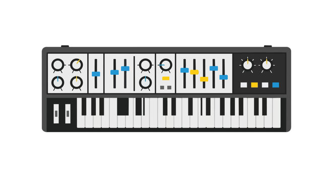 Flat design illustration of a professional music synthesizer keyboard with various controllers and switches