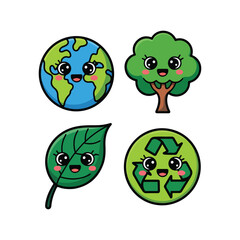 Obraz premium earth day kawaii icon set happy globe tree leaf eco symbol playful rounded vibrant flat 
