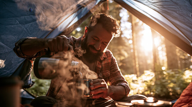 Man pours a hot drink from a thermos into a cup, sitting inside his tent during a sunny morning camping trip in a forest
